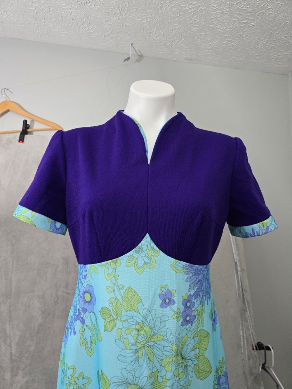 Vintage 60s Empire Waist Maxi Dress Purple Bodice Blue Floral Flower Power M/L
